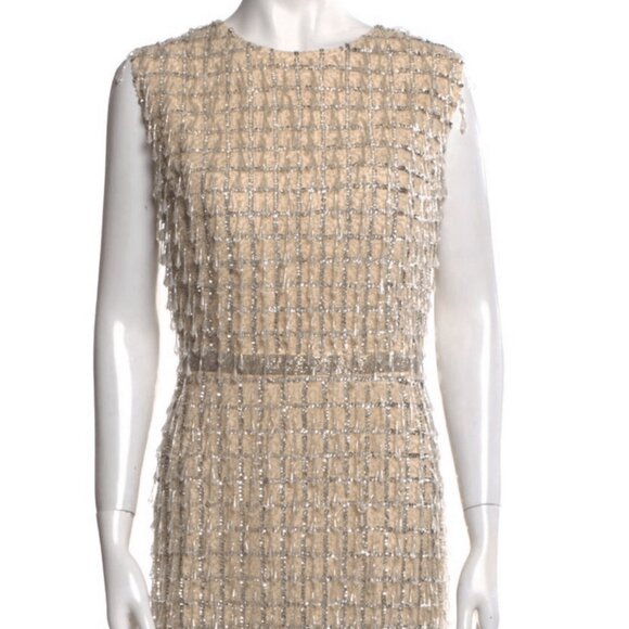 NWT MAC DUGGAL EMBELLISHED HIGH NECK FRINGED MIDI SHEATH DRESS NUDE 5471 - Picture 4 of 8